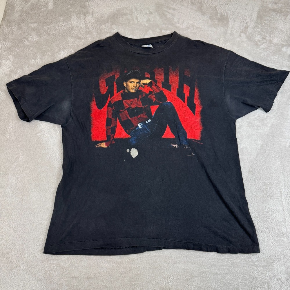 VTG Hanes Beefy T 90s Garth Brooks Tour Shirt Mens XL Black Preowned Flaws Stain